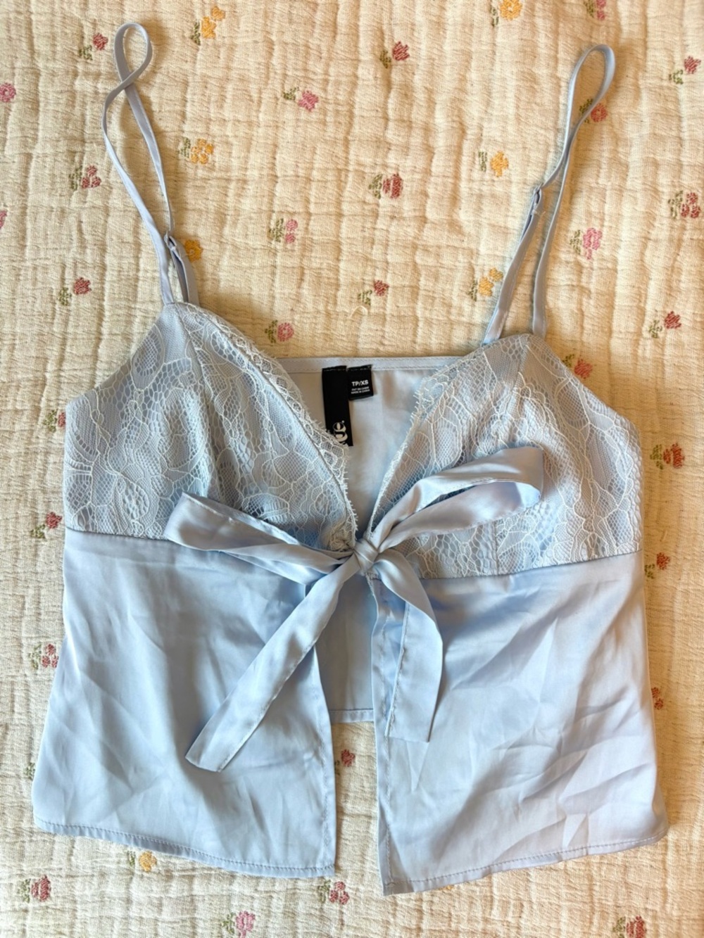 Babydoll Light / Pale Blue Lace & Satin Like Tie-Front Bow Cami